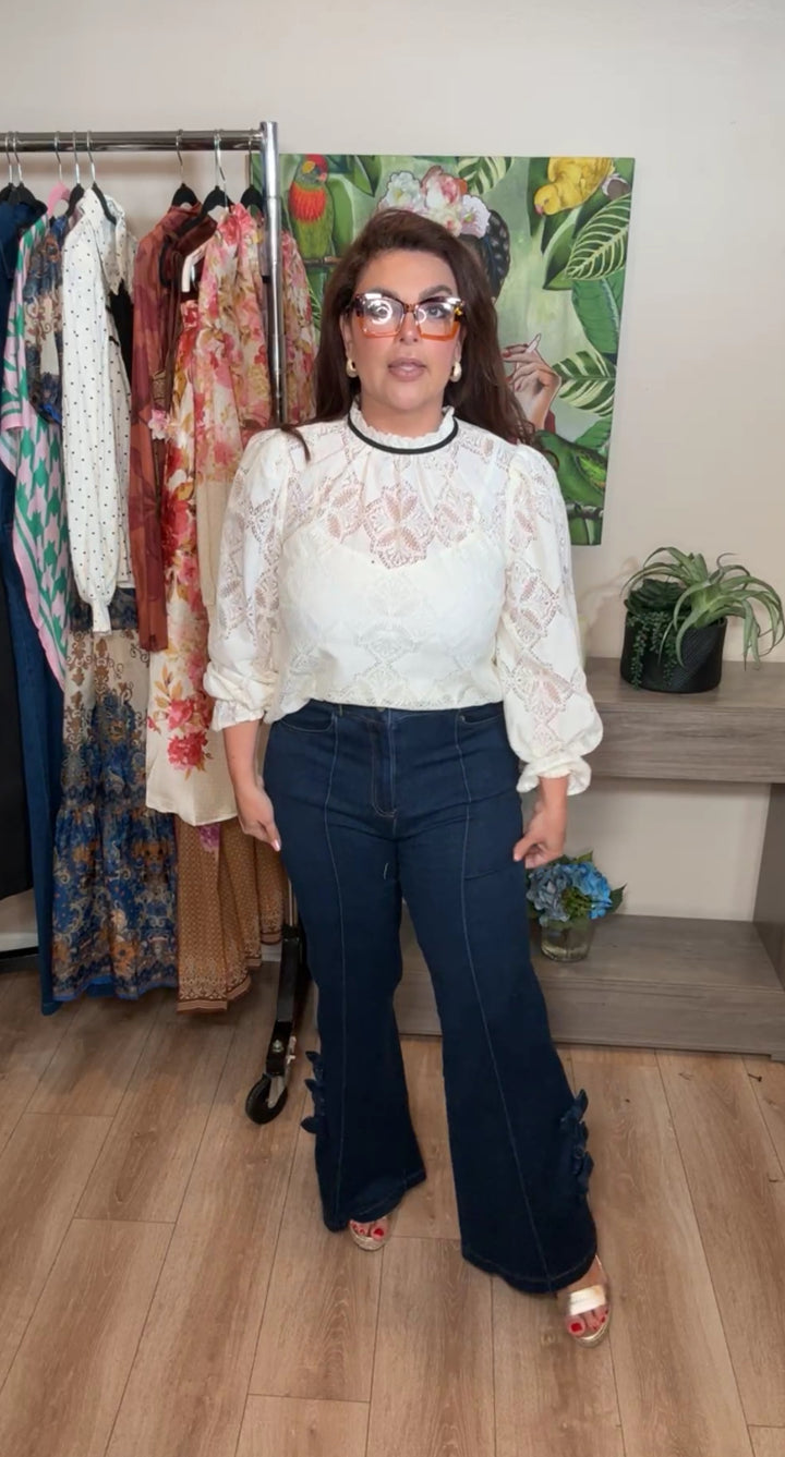 Pantalón azul oscuro mezclilla stretch moños (#111)
