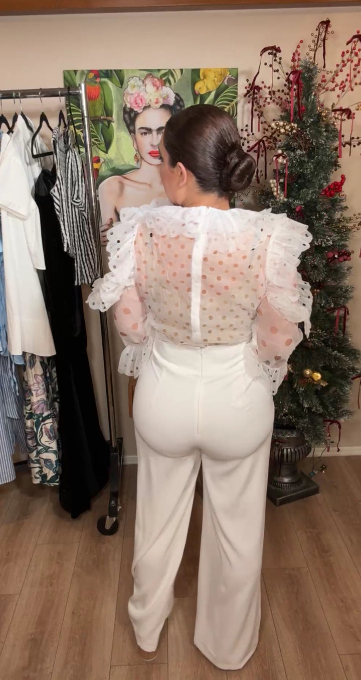 Set Blanco Pantalon Alto y Blusa Circulos Perforada (#153)