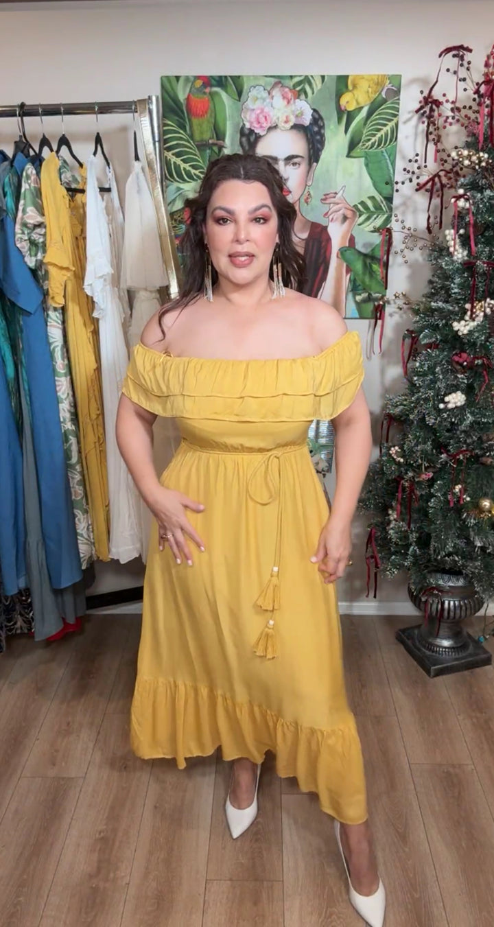 Vestido Mostaza Chiffon Off Shoulder (#134)