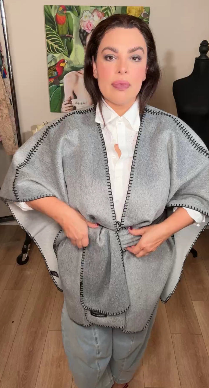 Shawl Gris Y Negro Kimono Con Cinto (#138)
