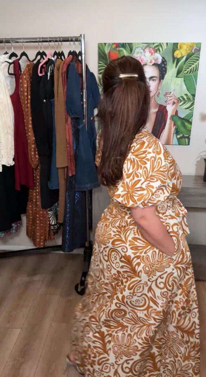Vestido Mostaza Y Beige Swirl Con Cinto Manga Burbuja Maxi (#136)