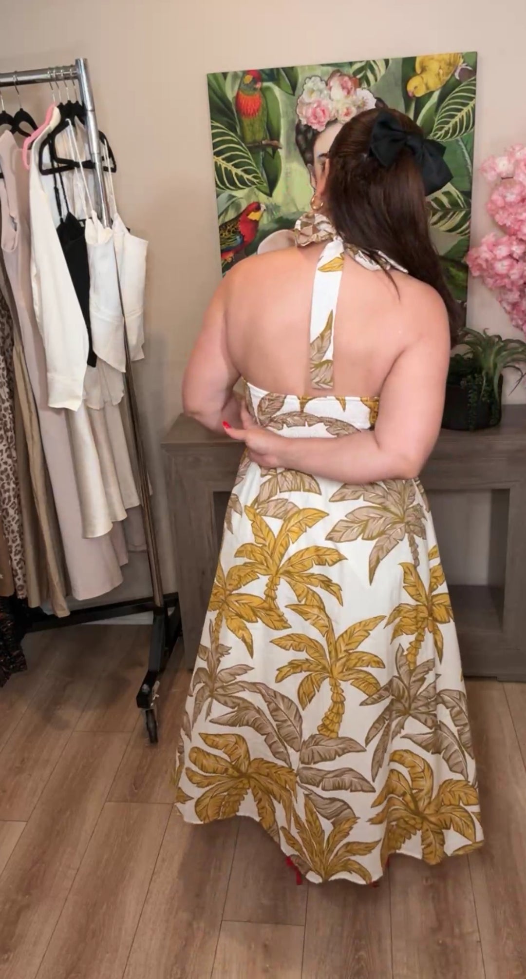 Vestido Beige Con Mostaza Hojas Tropicales Midi Con Bolsas (#149)
