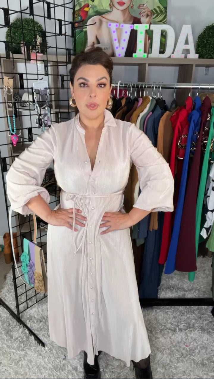 Vestido Champagne Plizado Satinado Midi Stretch (#137)