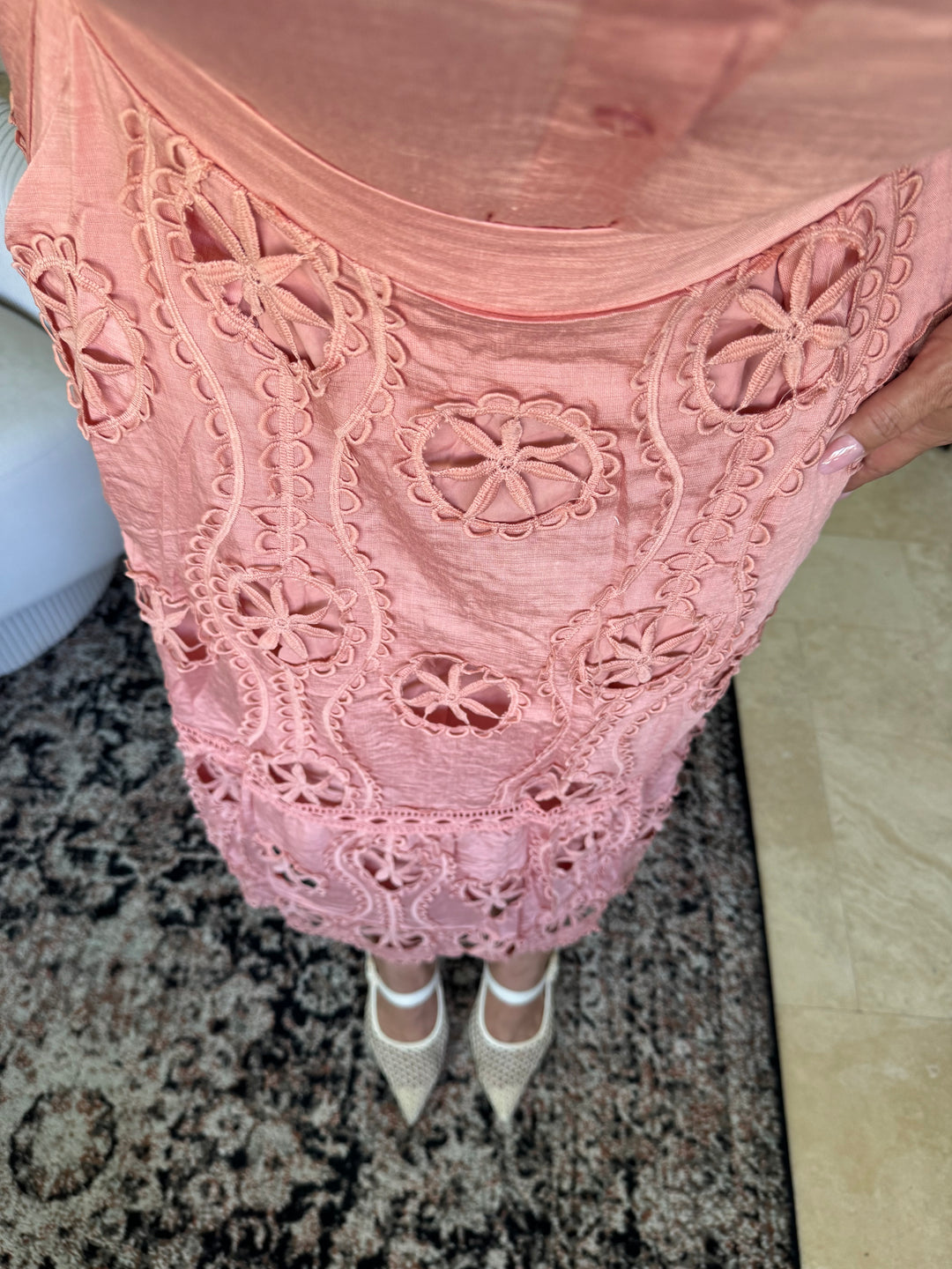 Set Rosa Mauve 2 Piezas Lino Satinado y Crochet Camisa y Falda Elastico en Cintura (