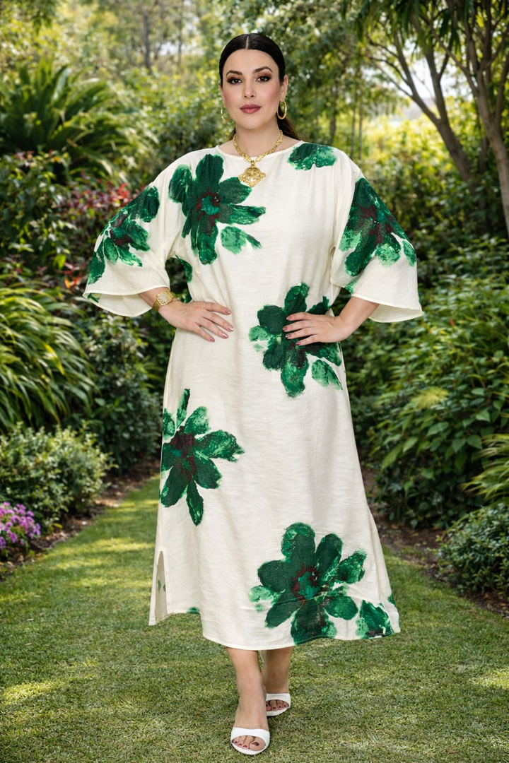 Vestido Beige Flores Verde Intenso Caftán Midi
