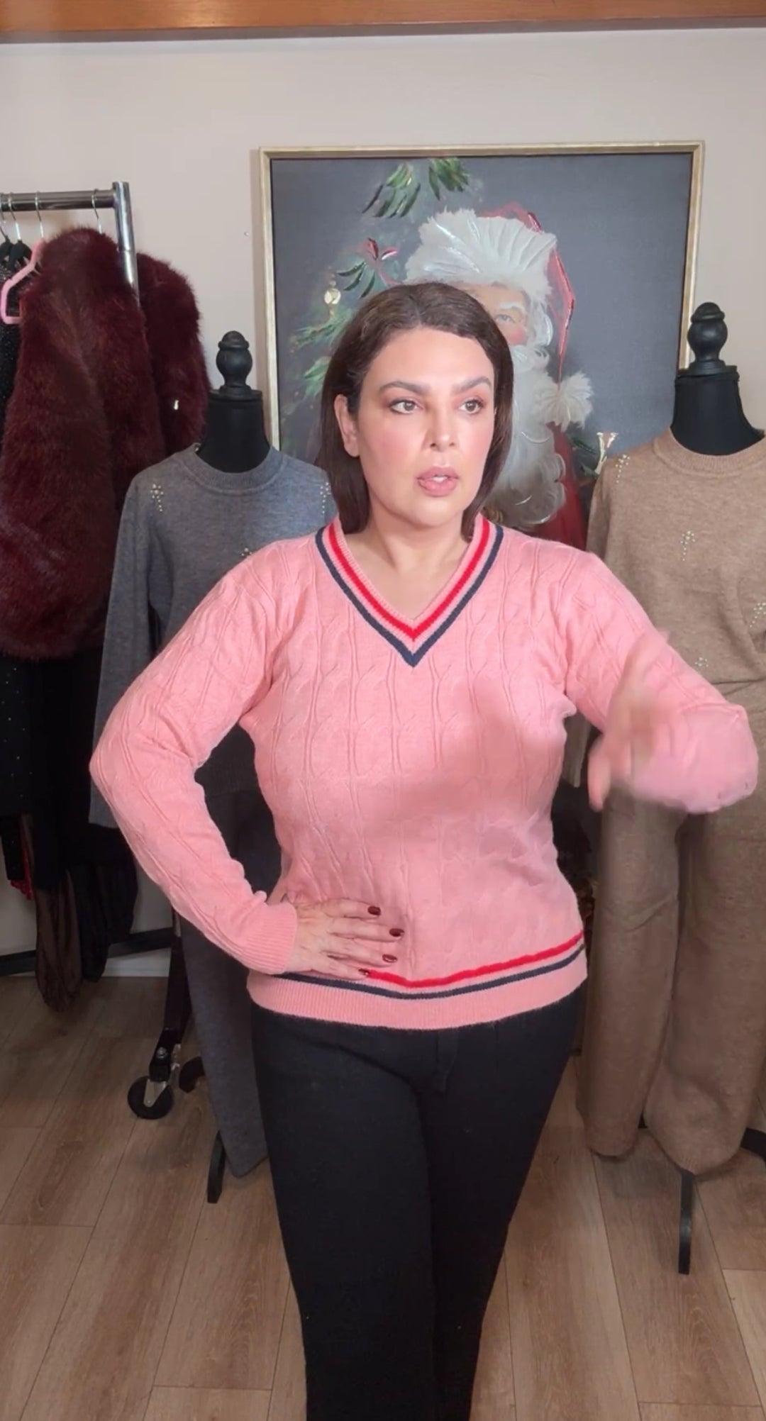 Sweater rosa de lana estilo preppy tejido cable (#163)