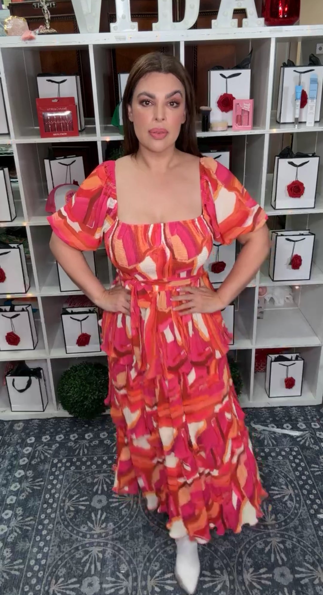 Vestido Rosa y Naranja Pintura Olaneado con Plizado (#155)