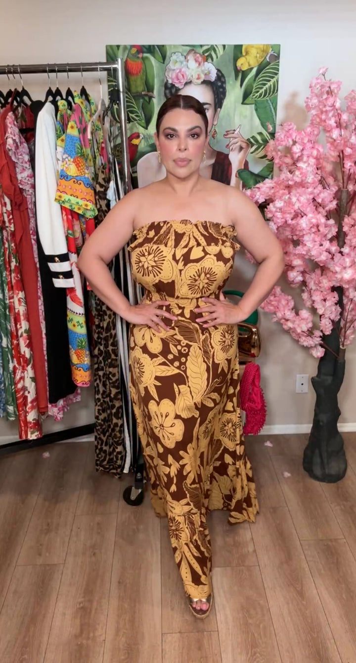 Vestido Cocoa y Mostaza Floral Tropical Strapless (#147)