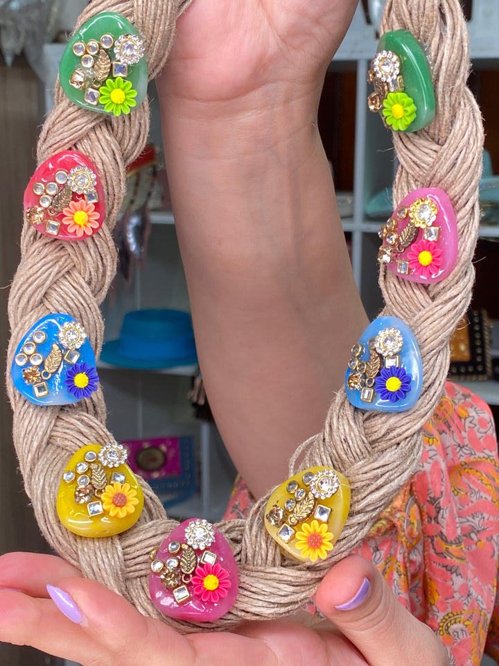 Collar Rafia Piedra Multi Flor Hecho a Mano Organico (#250)