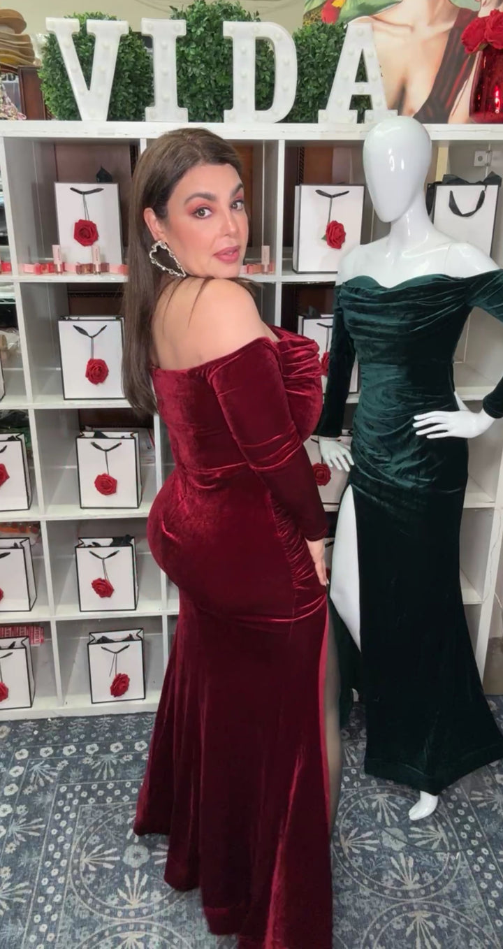 Vestido Vino Terciopelo Gala Stretch Maxi (#141)