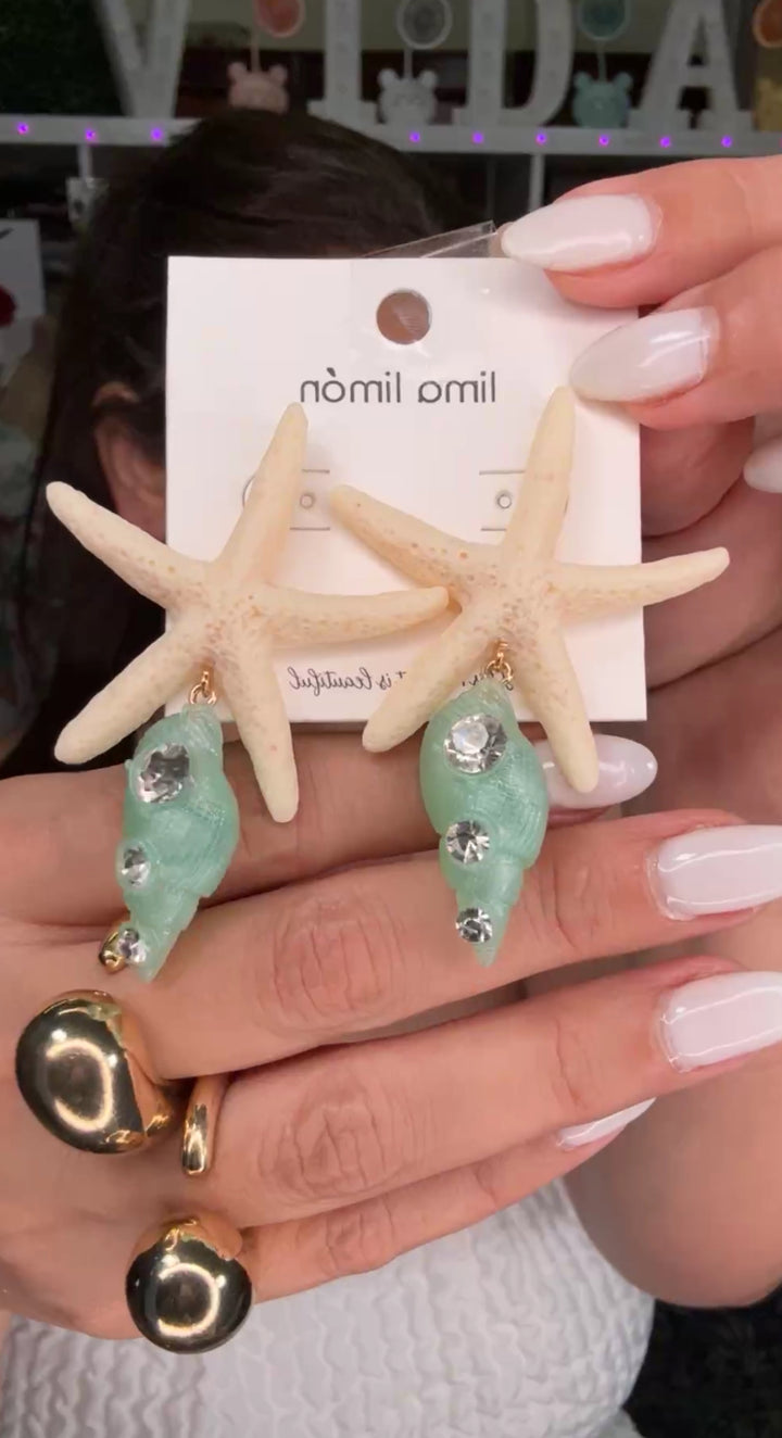 Arete Beige con Verde Estrella de Mar y Concha (#108)
