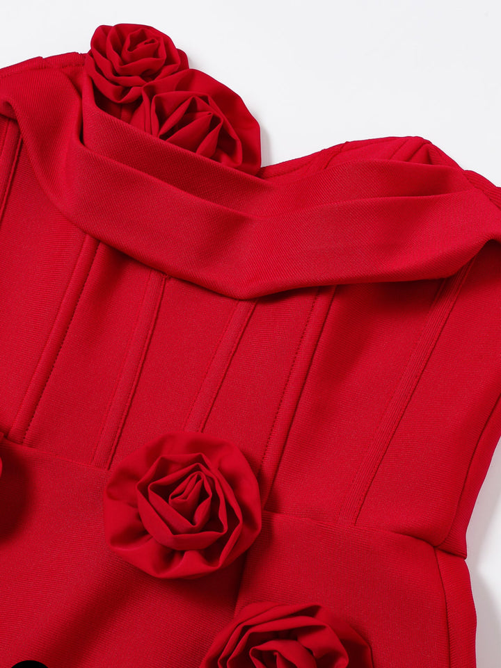 Vestido Rojo Corset Rosas 3D Corte A Stretch (#145)