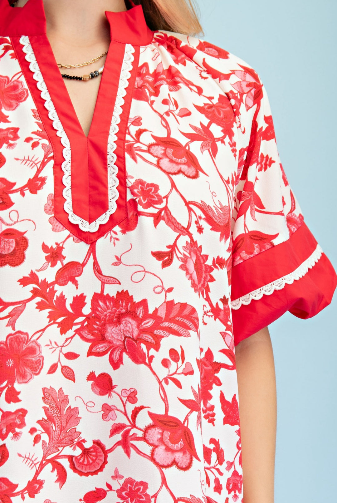 vestido rojo y beige floral mini (