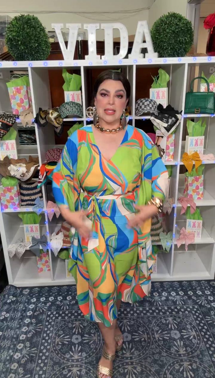 Vestido Verde y Naranja Kaftan Cuello V (#252)