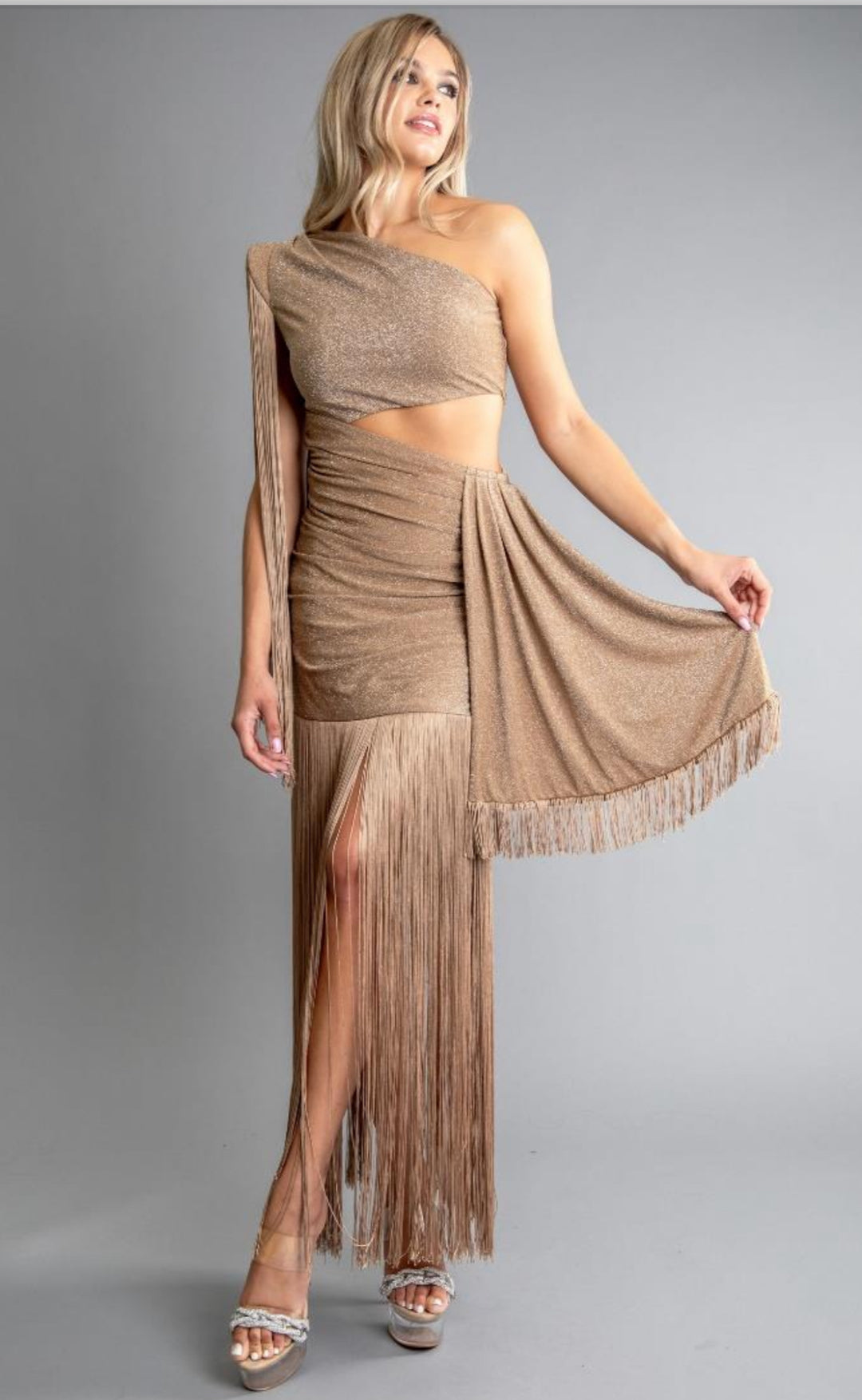 Vestido Mocha Stretch Metalico Barbas Tulum Lux