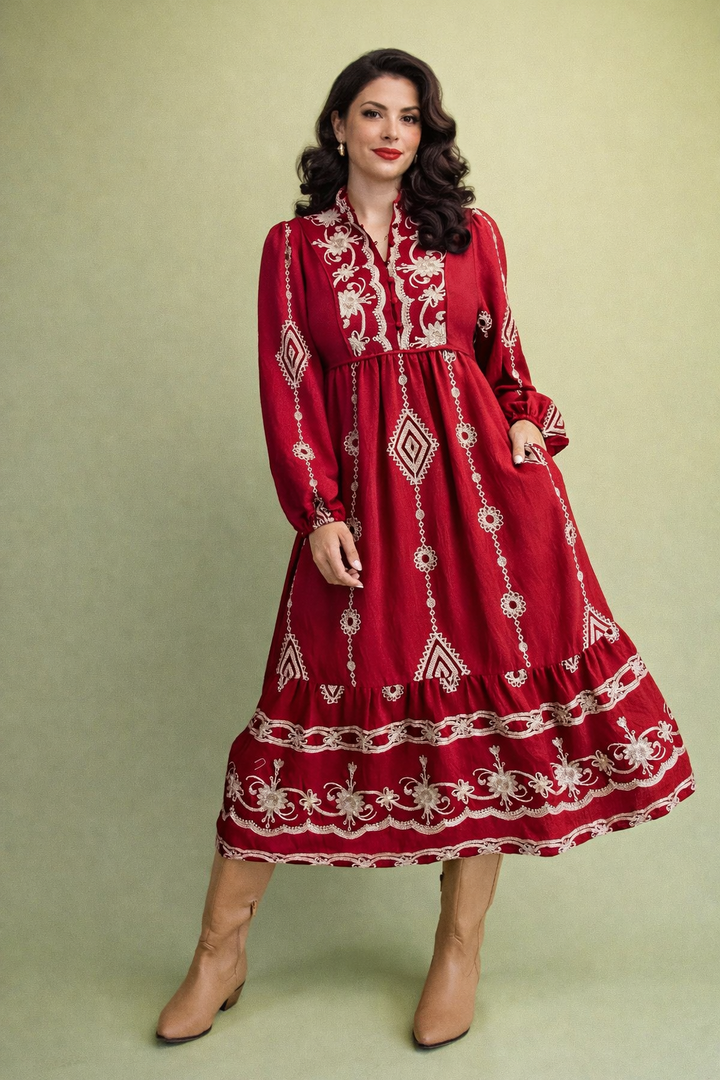 Vestido Rojo Bordado Oro Fino Midi (#147)