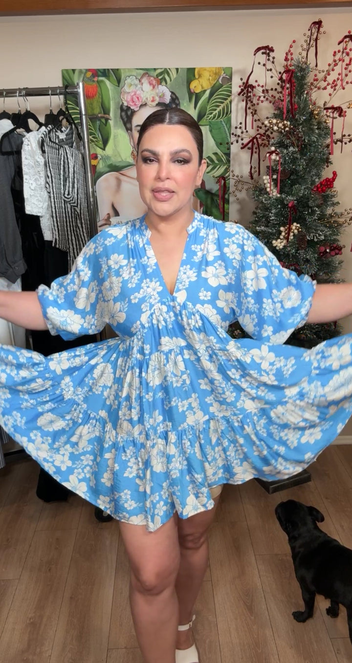 Vestido Azul Flores Blancas Lounge Mini (#135)