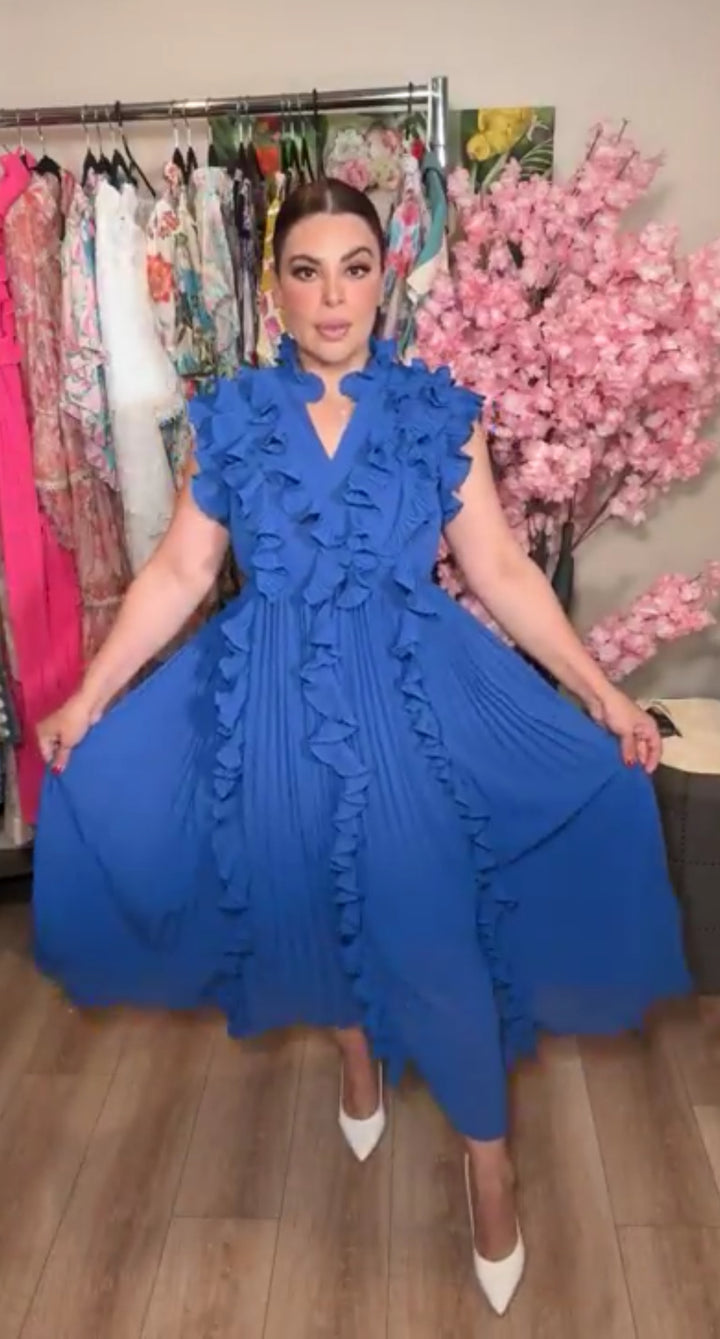 Vestido azul plizado chiffon ruffles maxi (