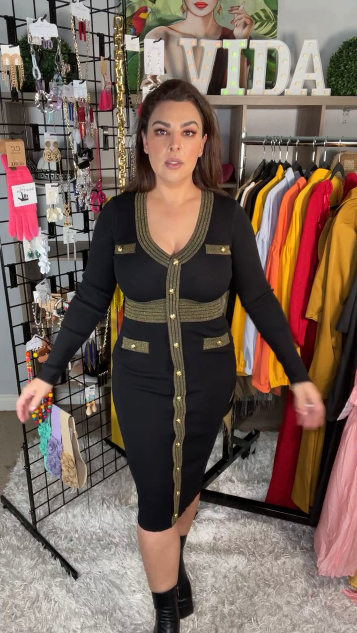 Vestido Negro Franja Oro Stretch Sweater Midi (#276)