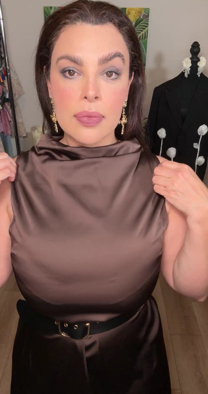 Vestido Cafe Chocolate Satinado Cinto Negro Piel Midi (#140)