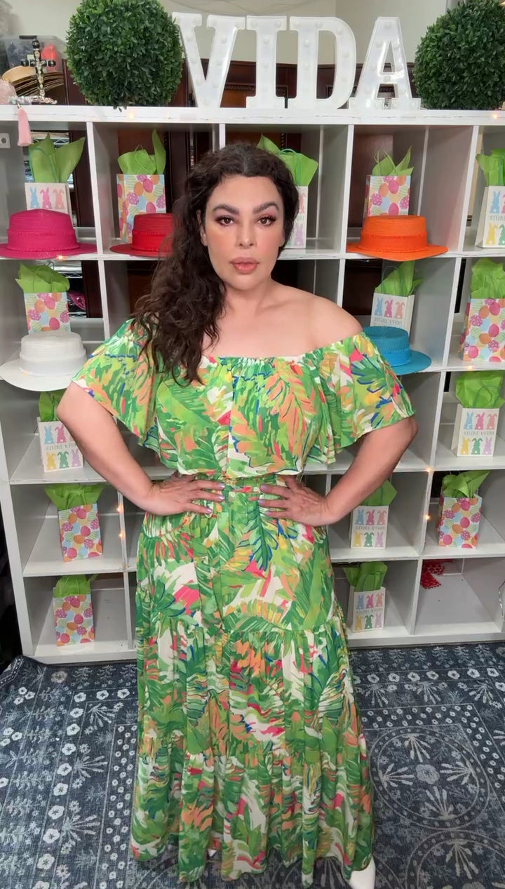 Vestido Verde Estampado Tropical Maxi Off Shoulder (#191)
