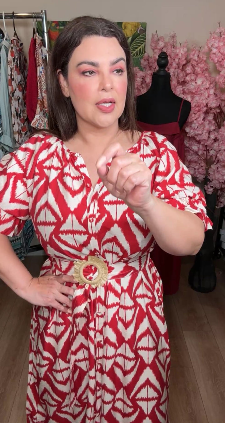 Vestido rojo y blanco cinto rafia midi (#147)