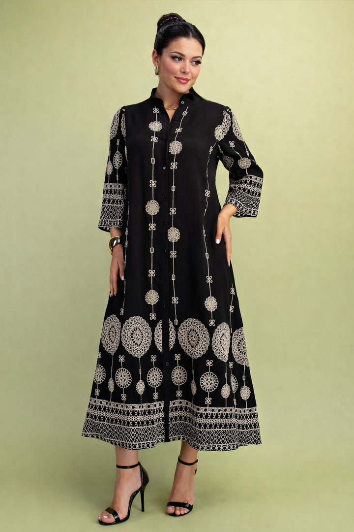 Vestido Negro Bordado en Plata Marroquí Midi