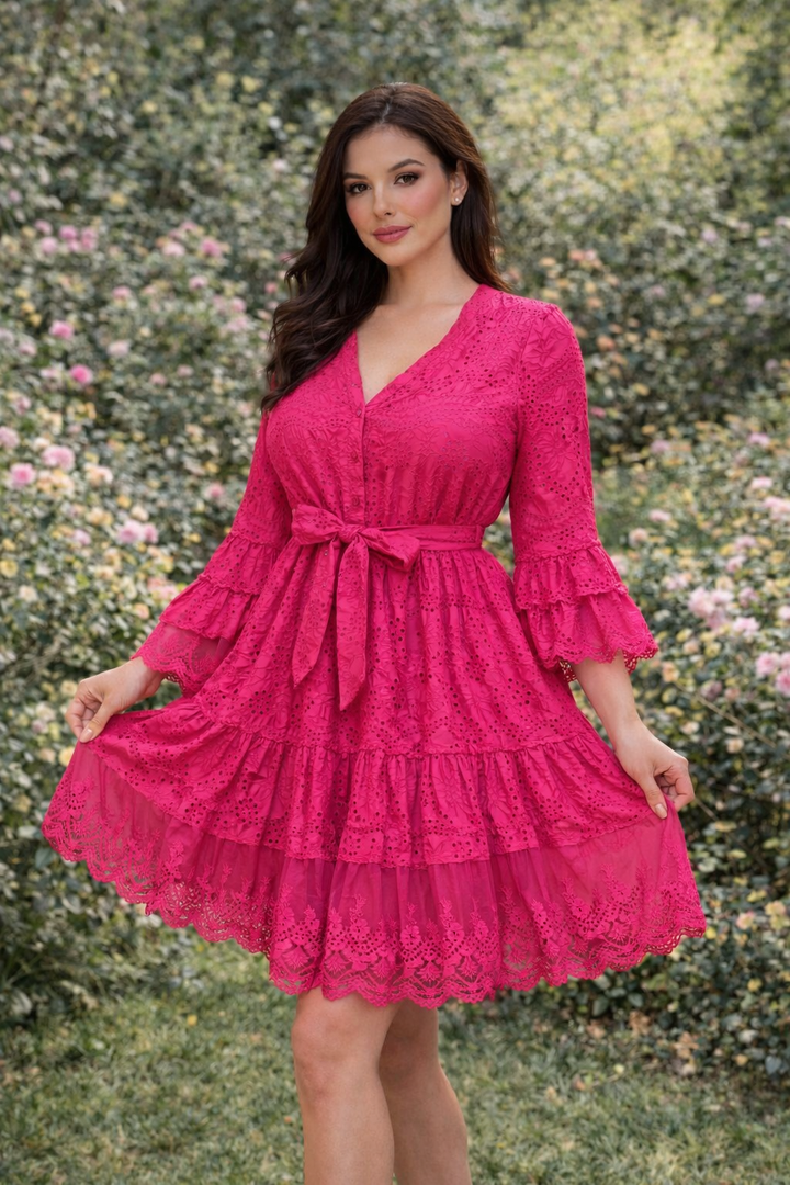 Vestido Rosa Fuschia Eyelet Encaje Bordado con Cinto Suelto (#131)
