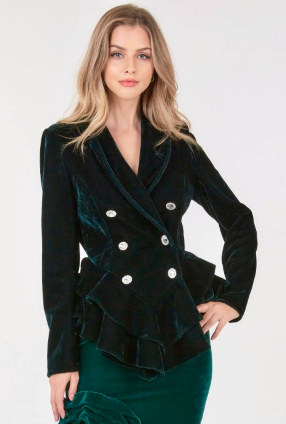 Saco Verde Terciopelo Stretch Peplum Boton Cristal (#152)
