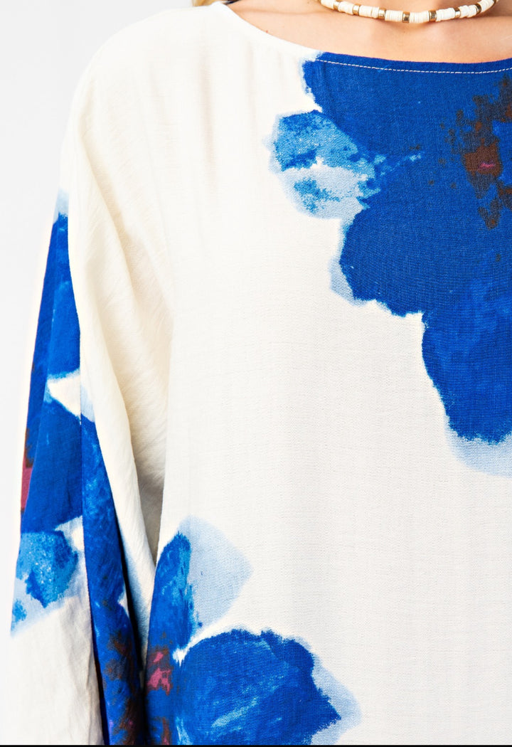 Vestido Beige Flores Azul Intenso Caftán Midi