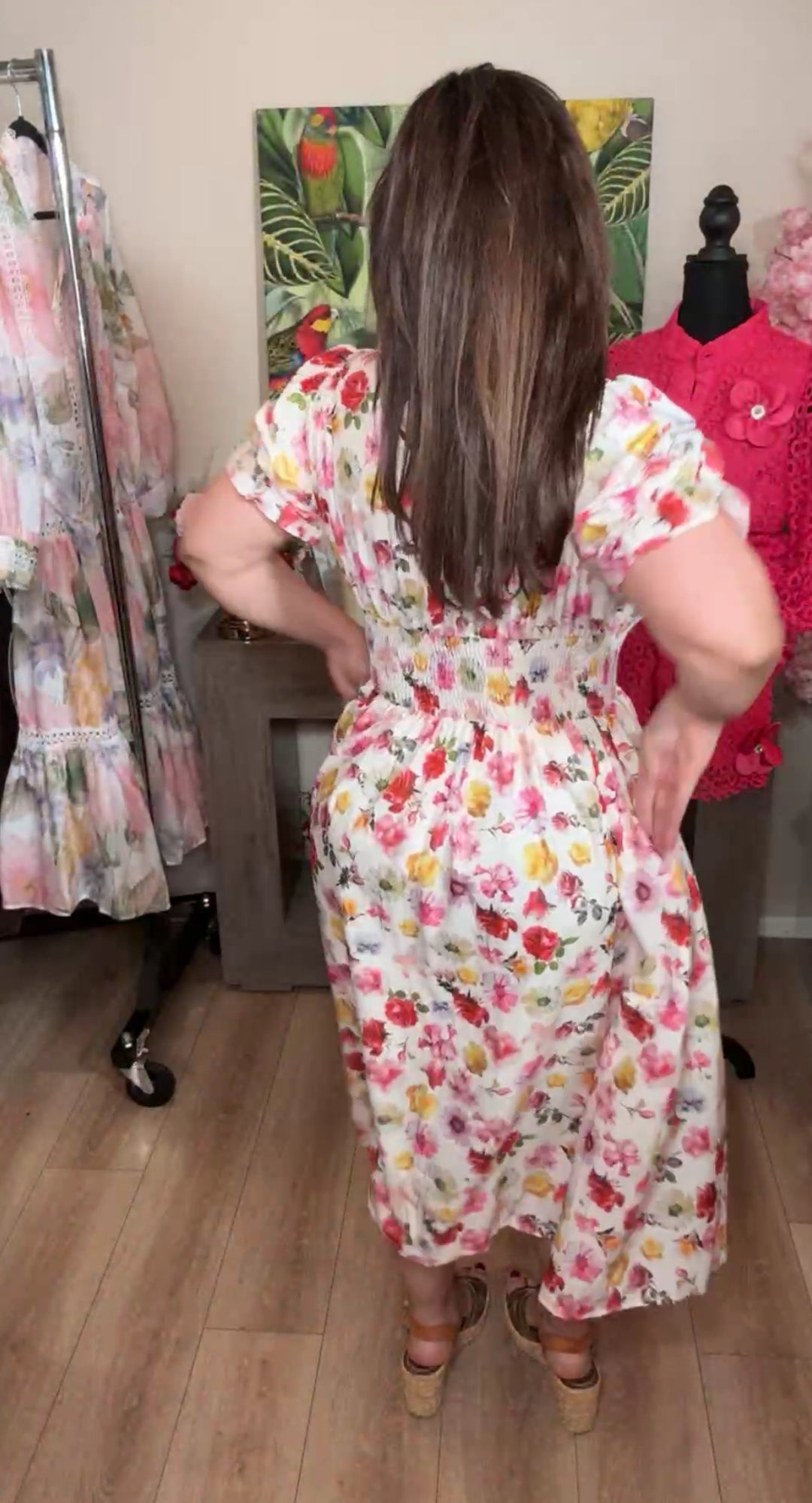 vestido blanco floral zipper dorado al frente cintura elástica midi (#141)