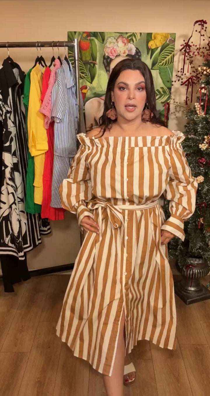 Vestido Cafe y Blanco Rallado Oversized (#143)