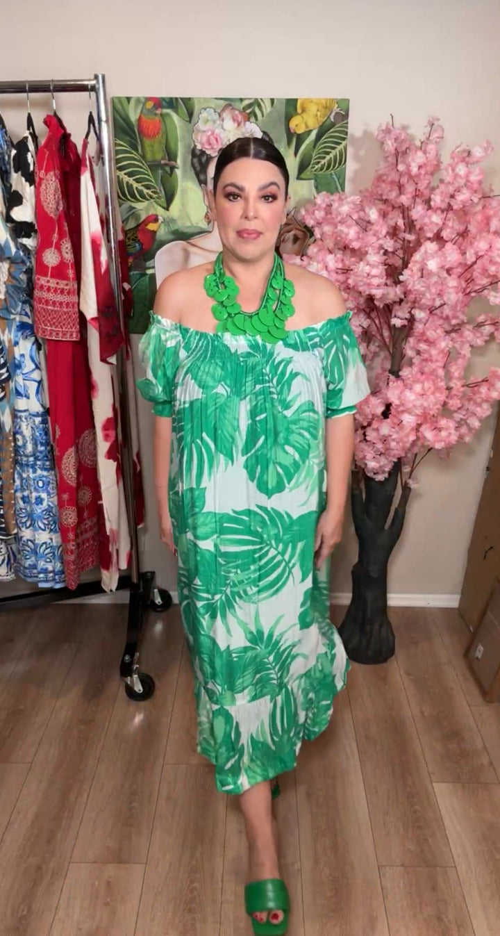 Vestido verde y blanco tropical escote bardot suelto midi (#158)