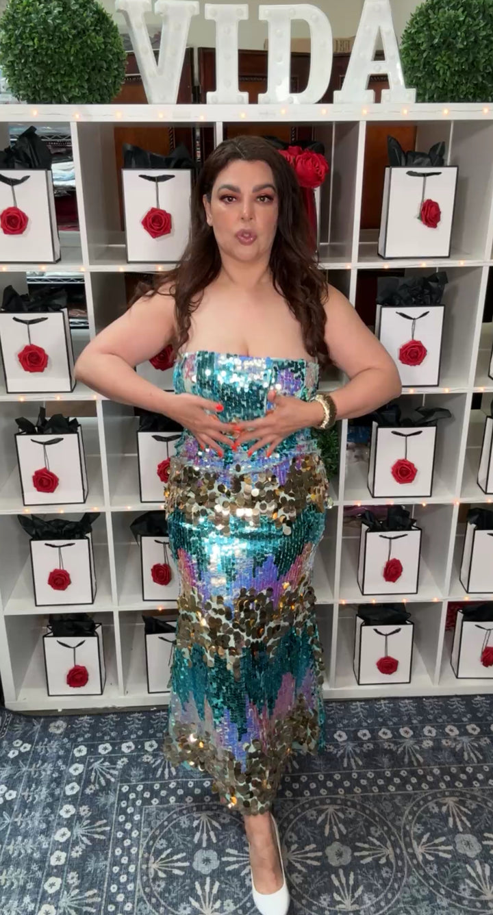 Vestido Azul y Dorado Sirena Lentejuela (#116)