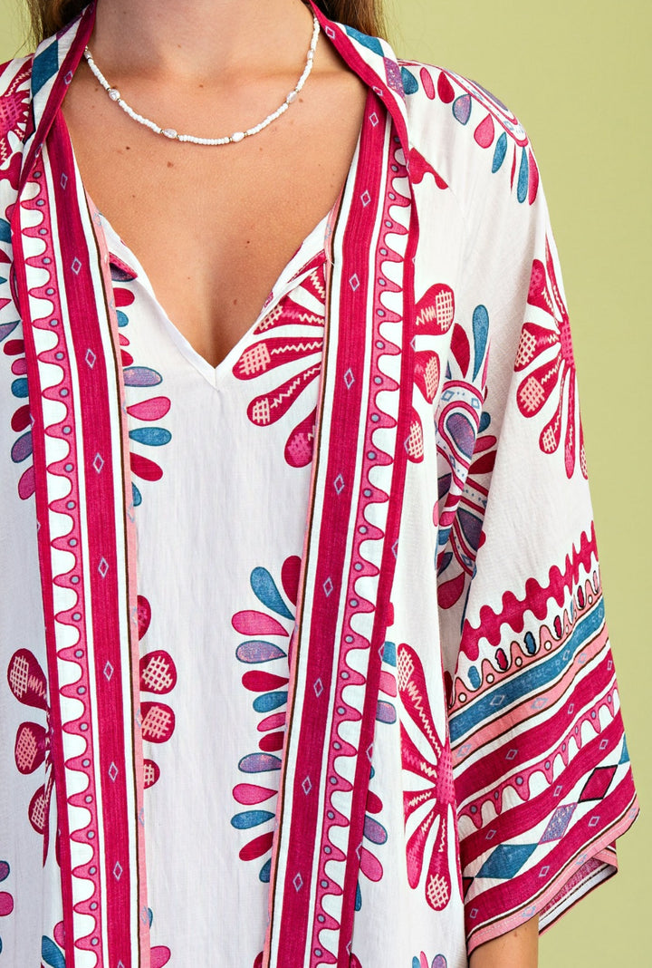 vestido blanco y magenta kaftan satinado maxi (#142)