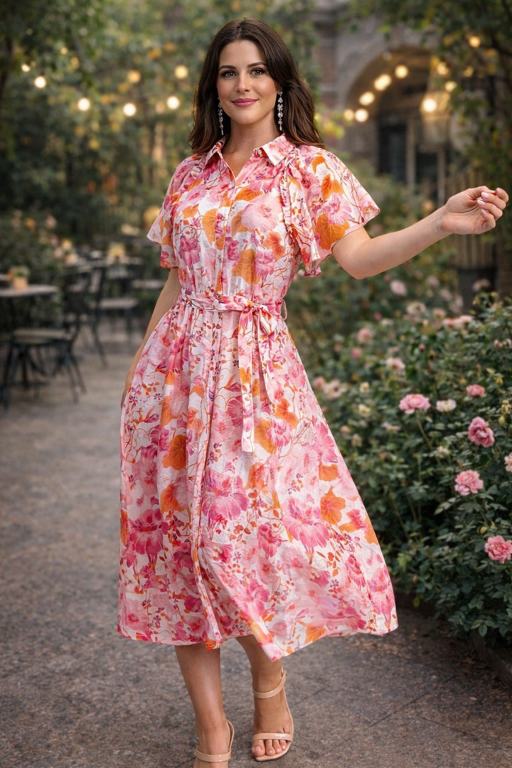 vestido beige y rosa mix con cinto chifon (#142)