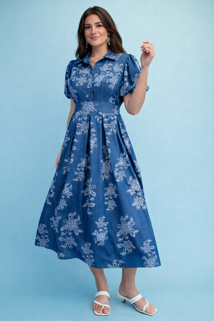 vestido azul denim flores blancas midi (#137)