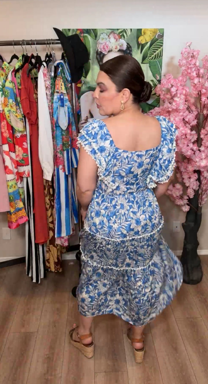 Vestido Azul y Blanco Florecitas Pechera (#139)