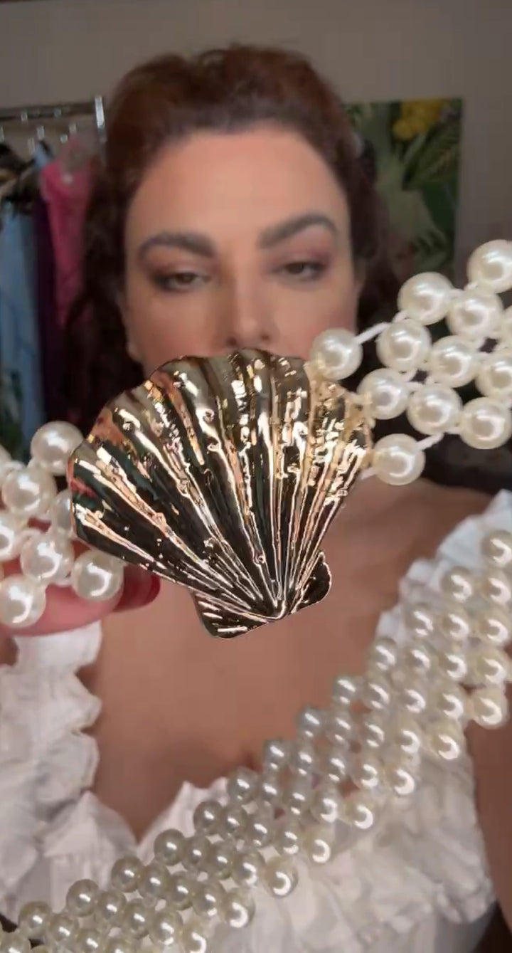 Cinto Beige Perlas Y Concha Mar Dorada Elástica (#111)