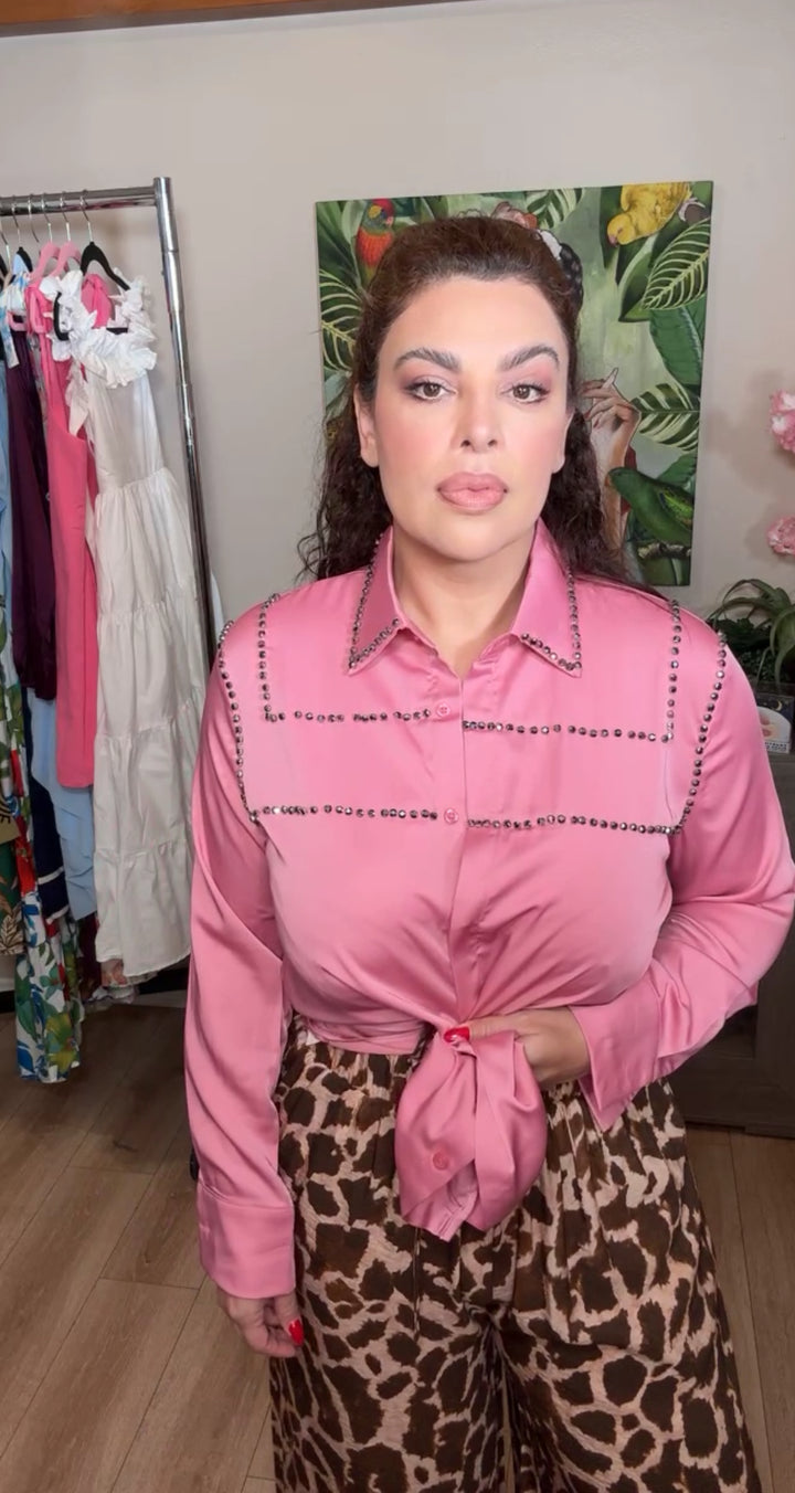 Camisa Rosa Antiguo Satinada Pedrería Plomo (#105)