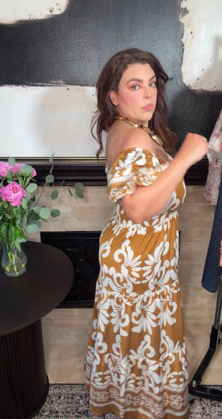 Vestido bronce y blanco floral fresco midi (