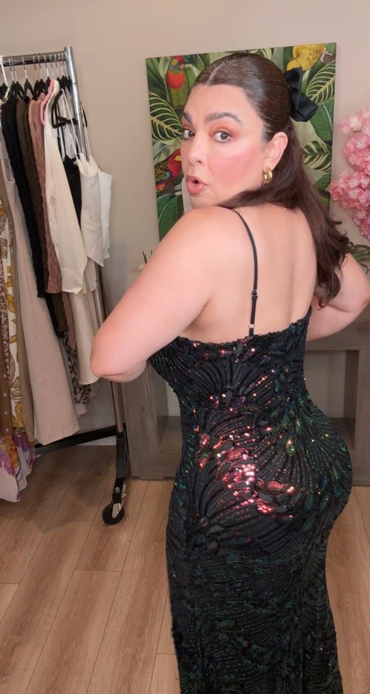 Vestido Negro Lentejuela Tornasol Maxi Gala (#152)