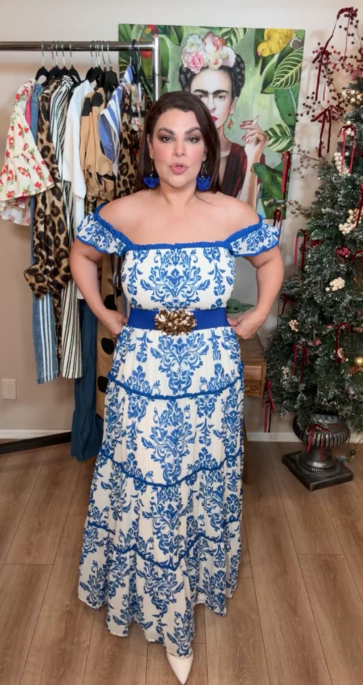 Vestido Blanco y Azul Estampado Talavera Maxi Busto Elastico (#173)