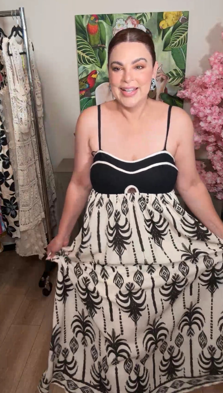Vestido Crema Con Negro Trenza Al Busto Y Palmeras Maxi (#130)