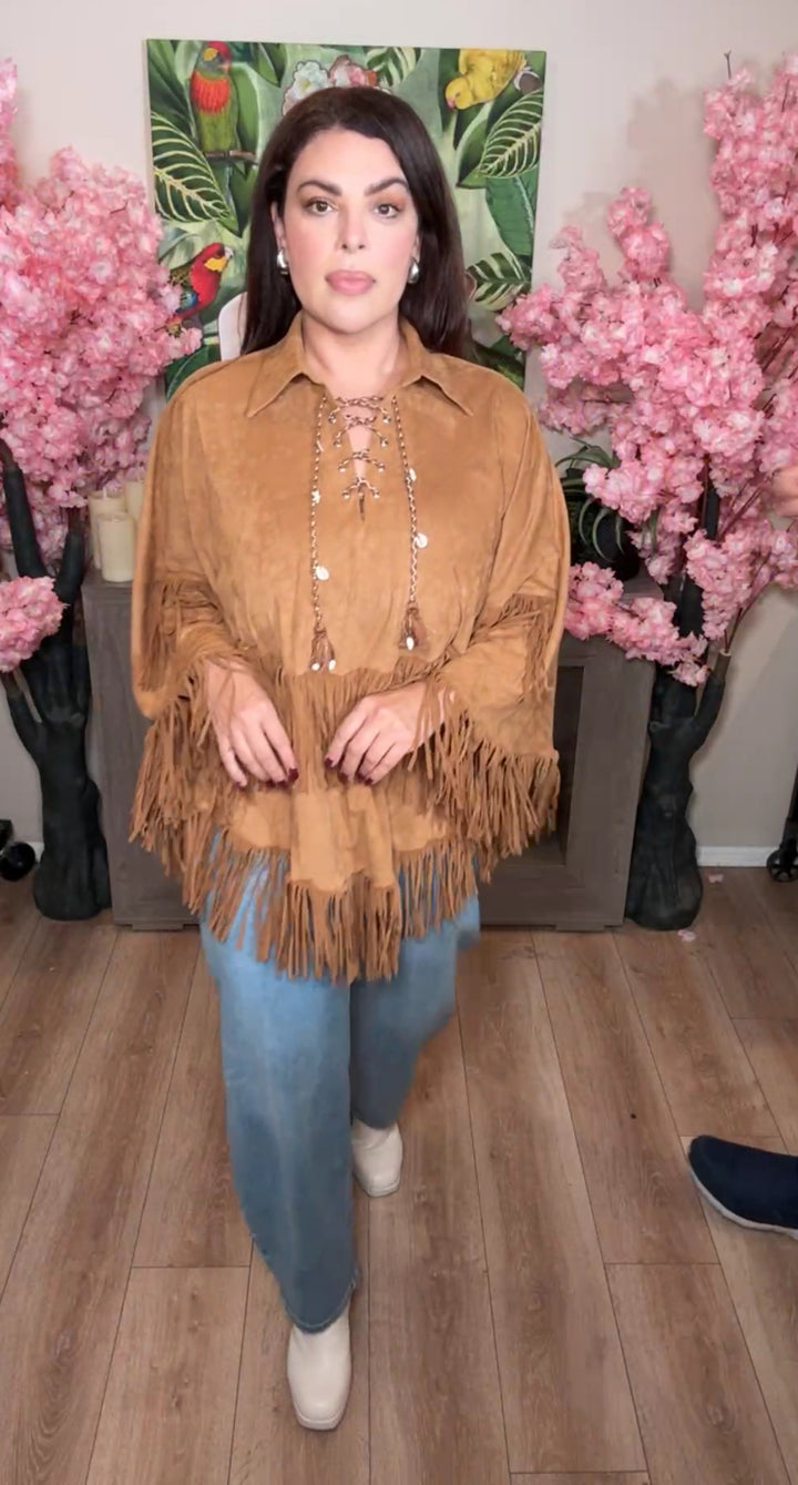 Poncho Camel Western con Barbas Textura Gamuza (#130)