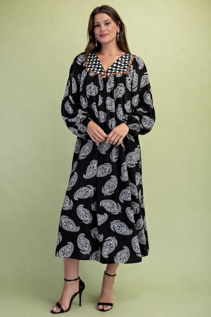 vestido negro diseño paño con franja leopardo midi relax (#144)