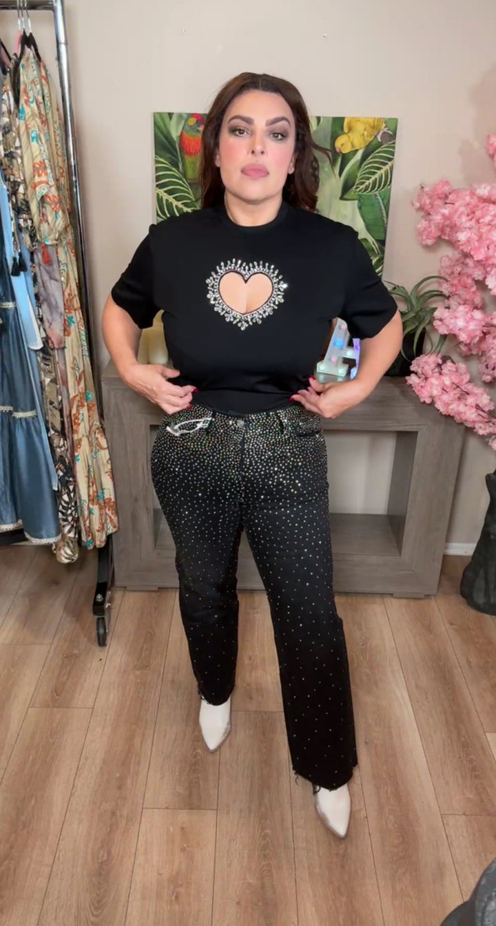 Pantalón negro con pedrería cristalina mezclilla stretch
