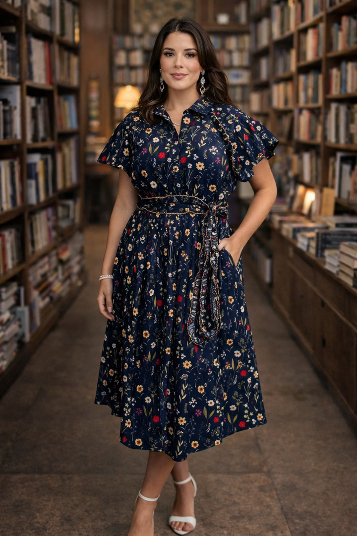 vestido azul marino flor vintage midi (#139)