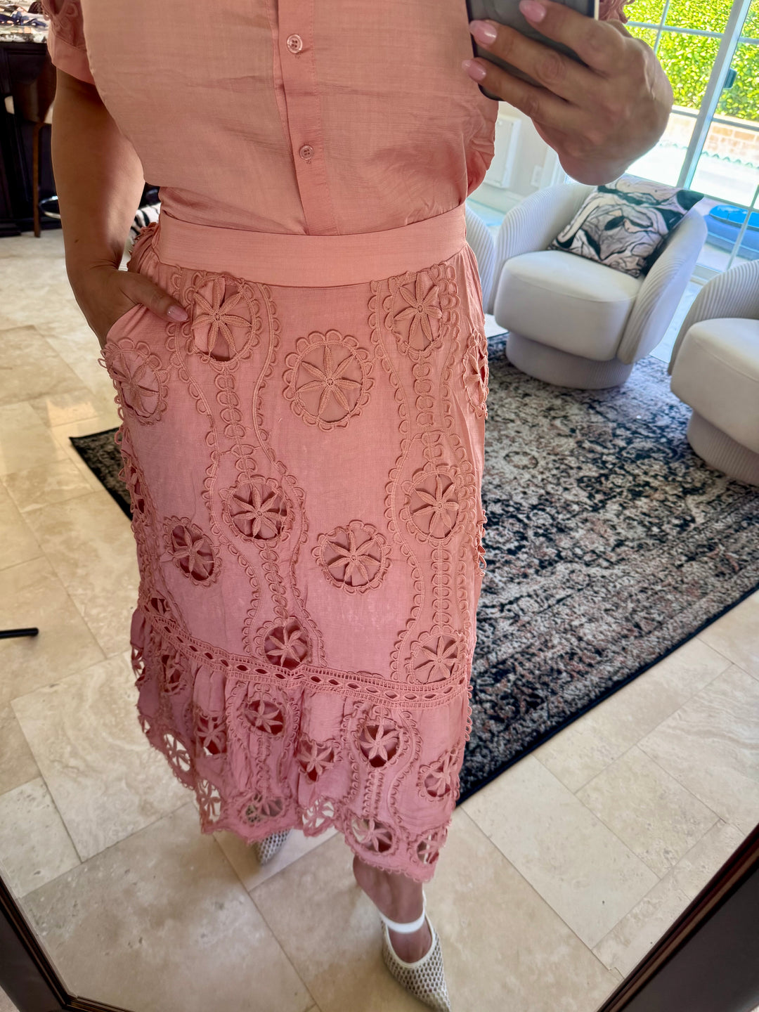 Set Rosa Mauve 2 Piezas Lino Satinado y Crochet Camisa y Falda Elastico en Cintura (