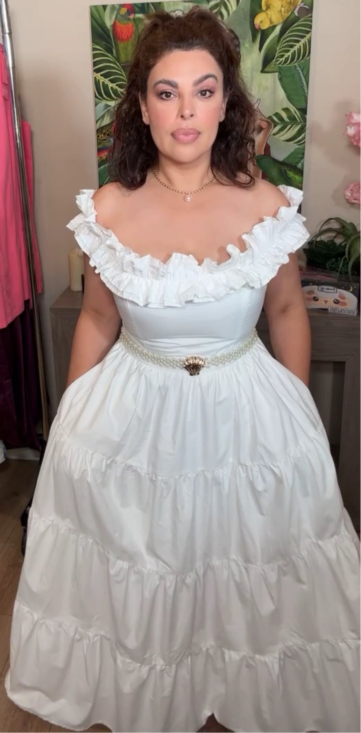 Vestido Blanco Ruffles 100% Algodón Moño Y Bolsas Midi Ultra Lux (#138)